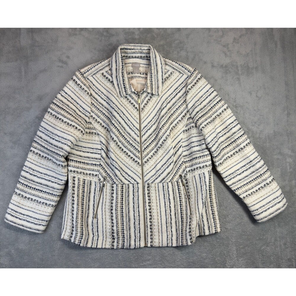 Chico's Blazer Jacket Womens 3 Extra Large Beige Black White Striped Full Zip